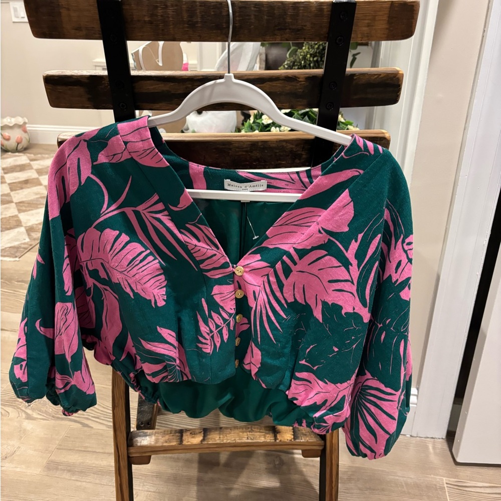 Women’s Tropical Print Button Front Top and Skirt - Pink on Teal Size Small